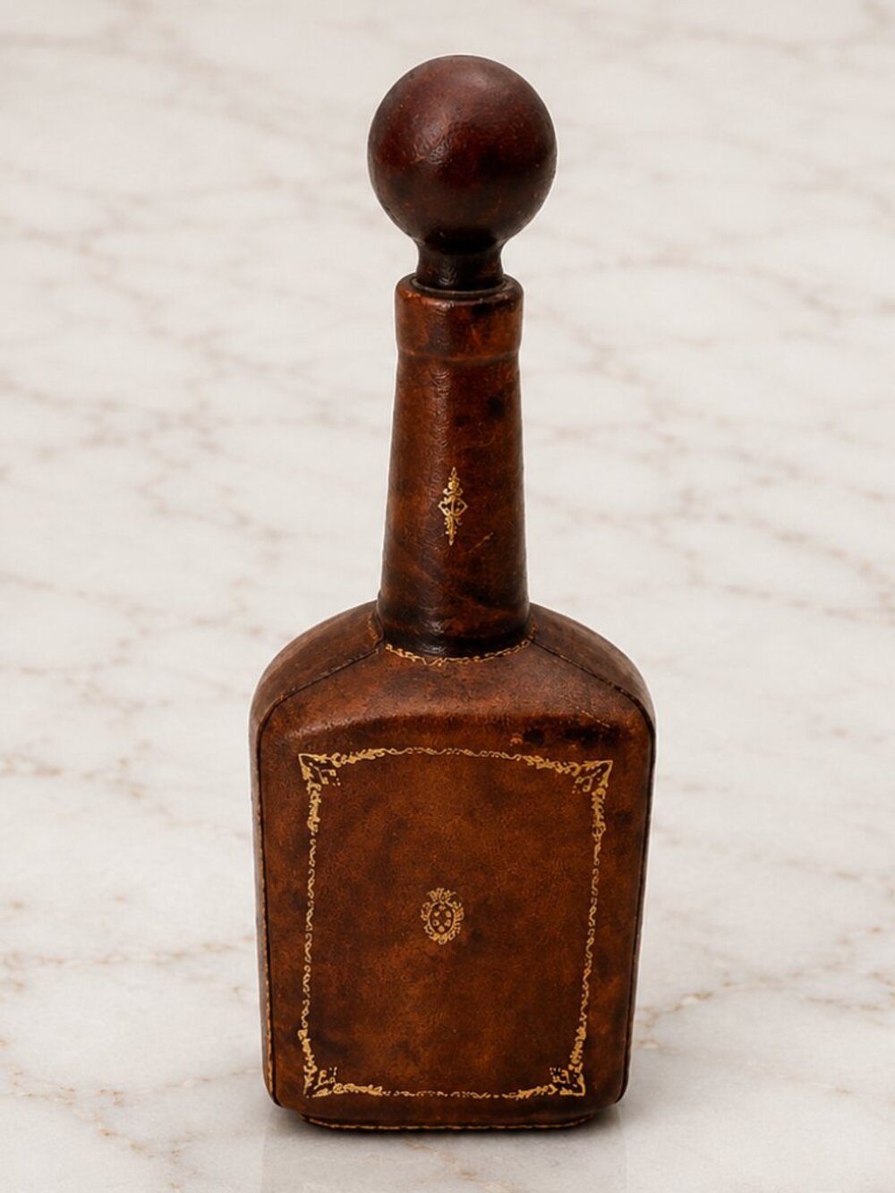 VTG Leather Wrapped Glass Decanter Bottle MADE IN ITALY Tall Ornate Gold 1970's
